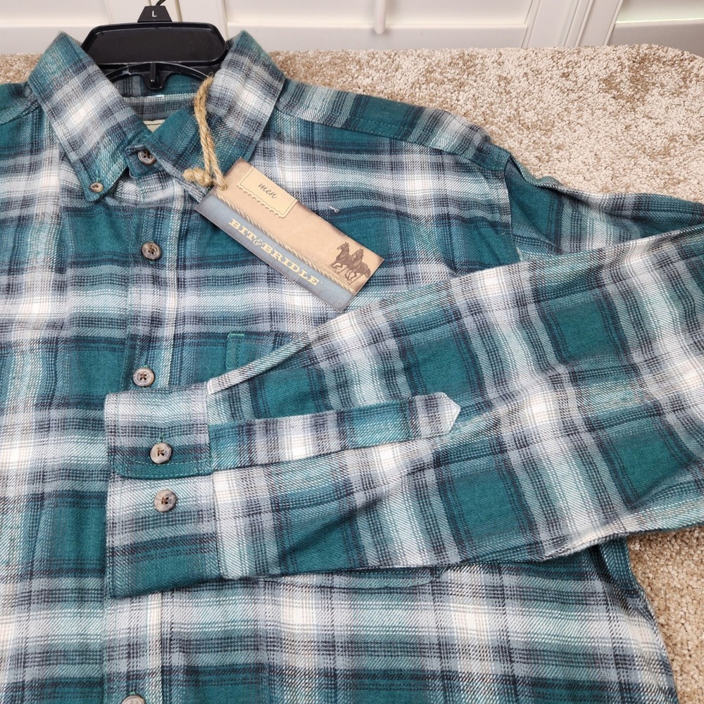 Bit & Bridle Mens Teal Plaid Flannel Button Down Shirt Long Sleeve Size L NEW